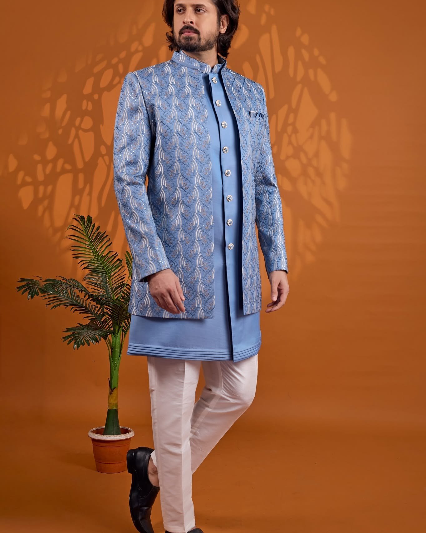 Teal Blue Designer Jacket Set for Men | Premium Party & Wedding Wear